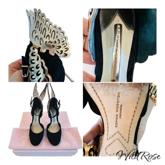 SOPHIA WEBSTER EVANGELINE D’ORSAY BLACK & ROSE GOLD BUTTERFLY WINGS PUMPS SZ 36